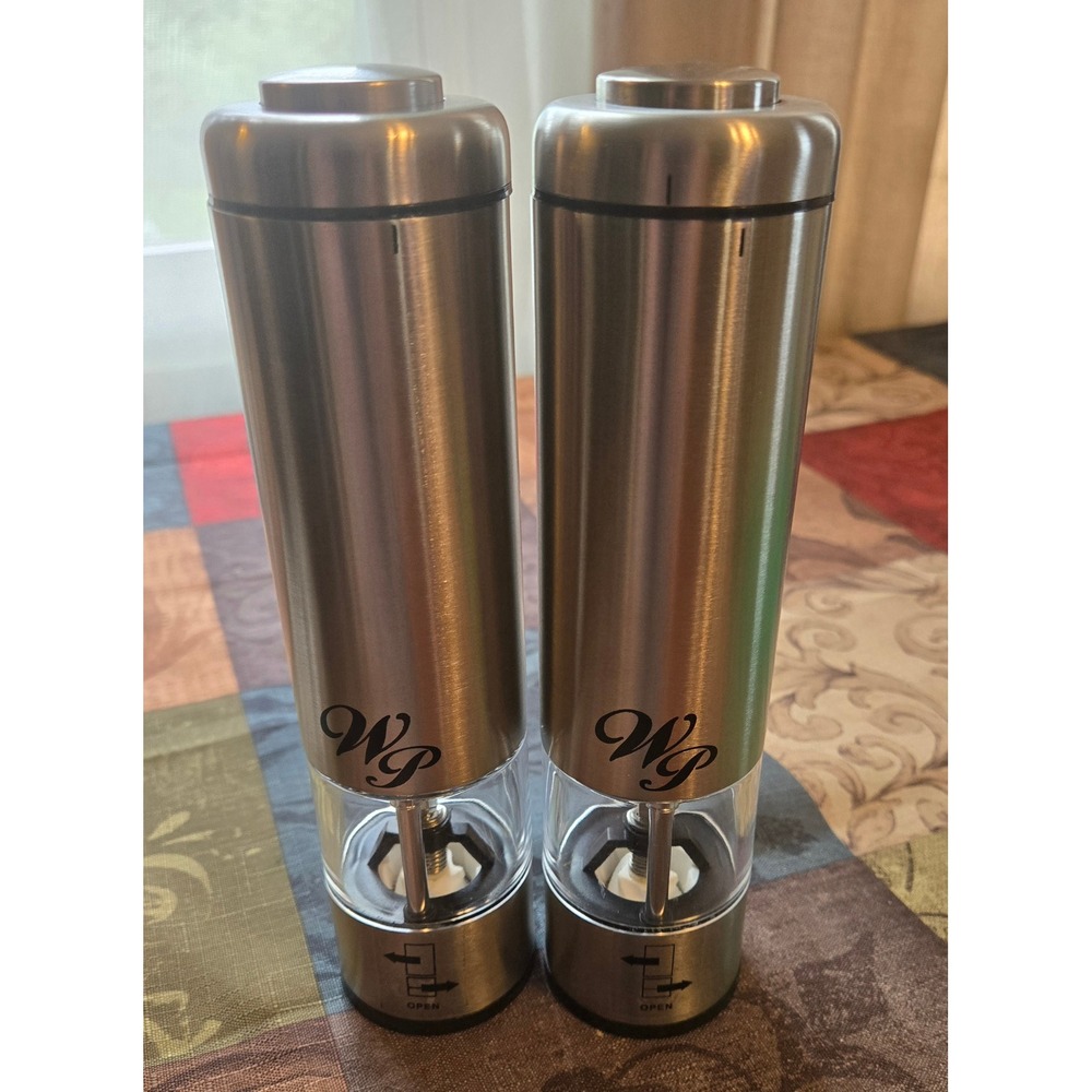 Wolfgang Puck Electric Salt and Pepper Mill Set Stainless Steel 2PK 196057 9in